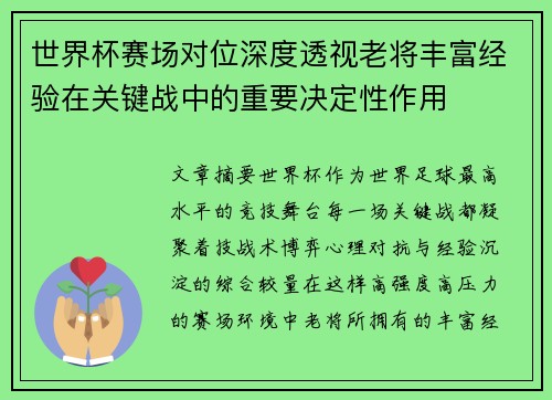 世界杯赛场对位深度透视老将丰富经验在关键战中的重要决定性作用